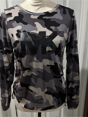 Michael Kors Gray & Black Camo Logo Long Sleeve Shirt